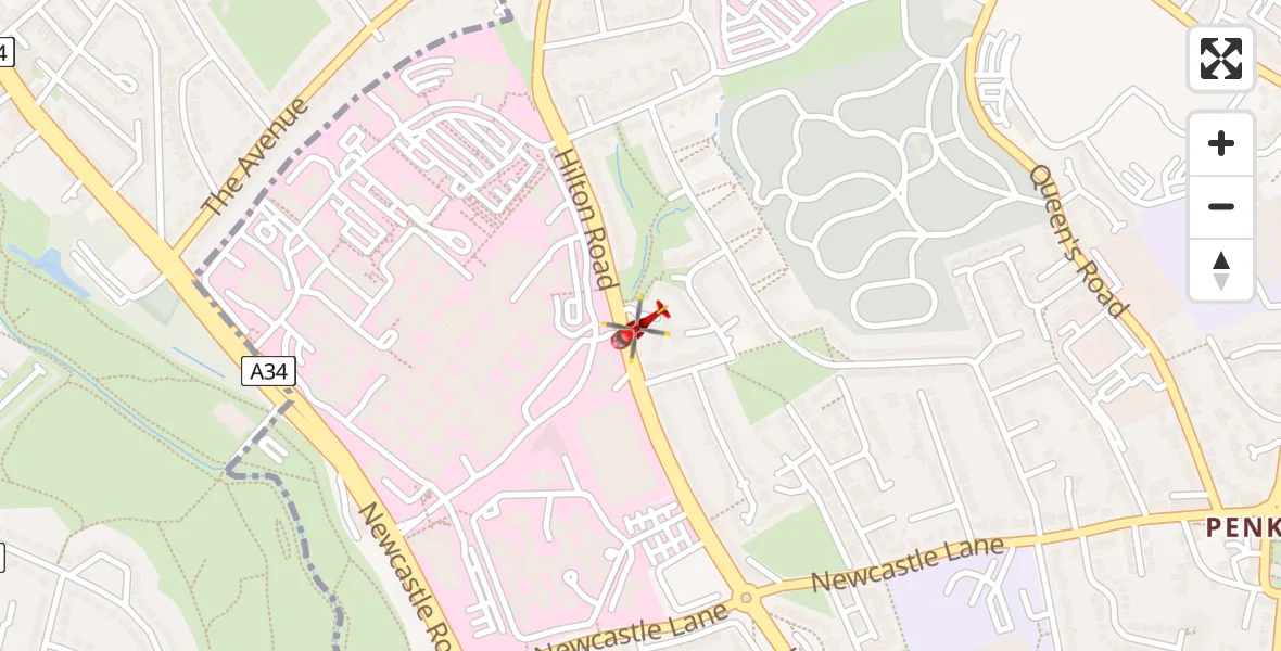 Flight path map showing Air Ambulance Helicopter route from University Hospital North Staffs to University Hospital North Staffs