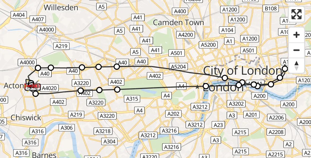 Flight path map showing Air Ambulance Helicopter route from Ealing to Ealing