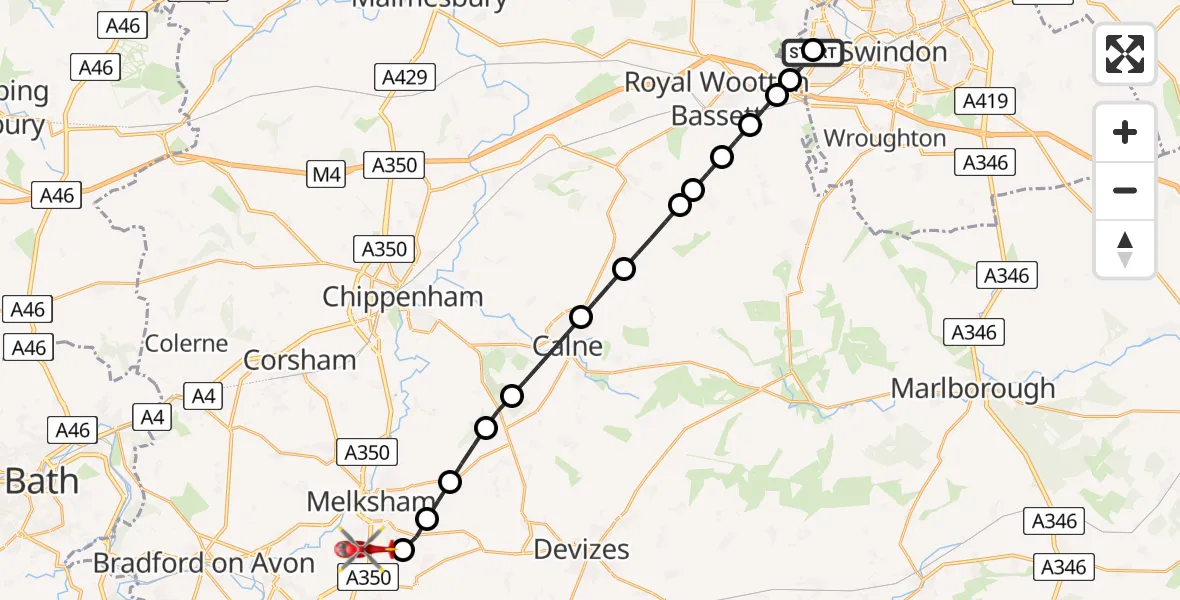 Flight path map showing Air Ambulance Helicopter route from West Swindon to Melksham