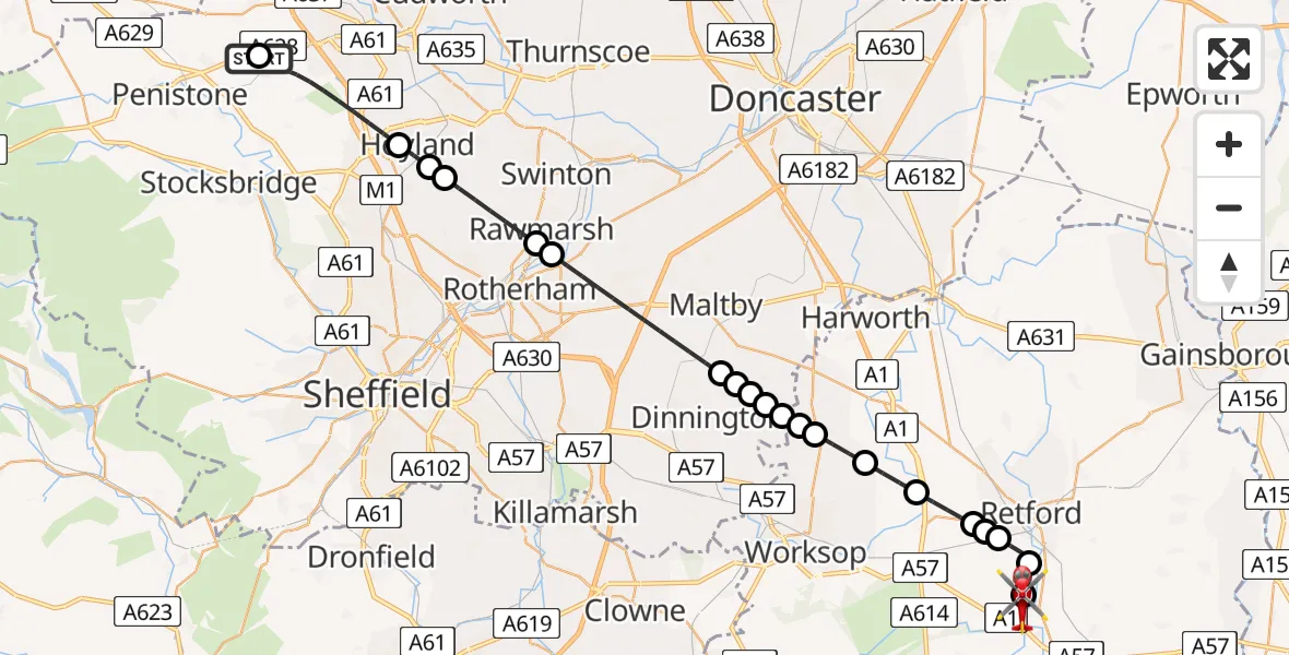 Flight path map showing Air Ambulance Helicopter route from Barnsley to Retford Gamston Airport