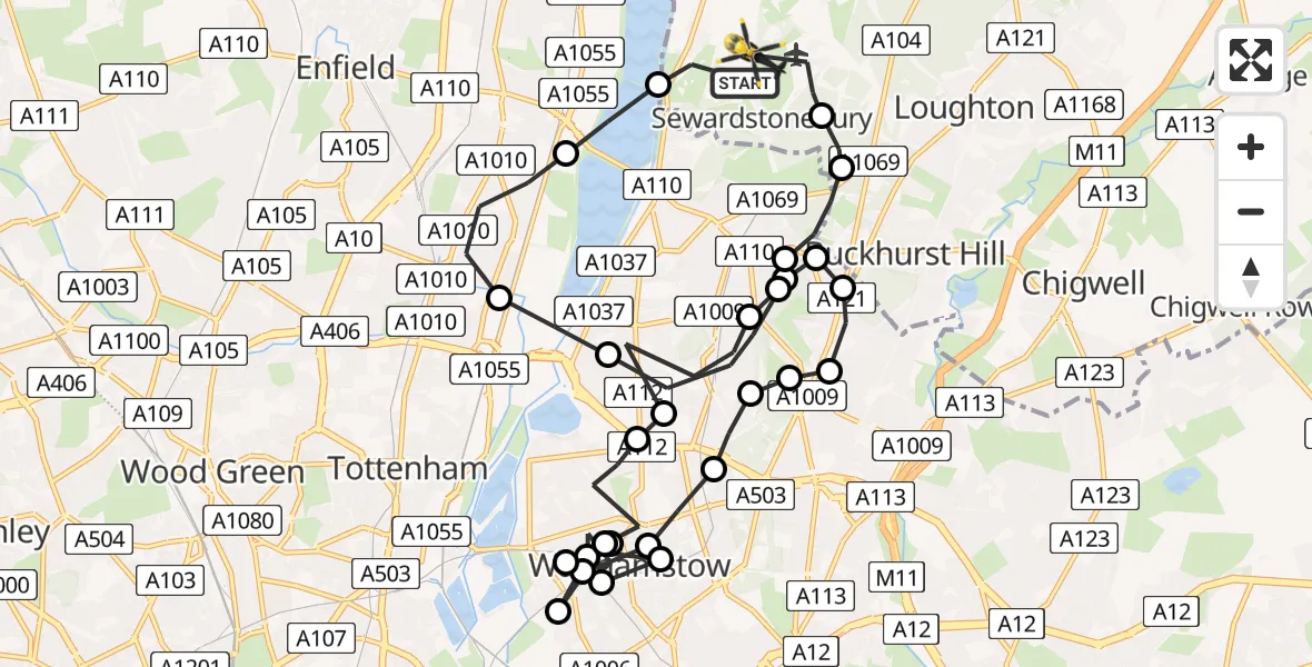 Routekaart van de vlucht: Police Helicopter to Sewardstonebury, Green Lane