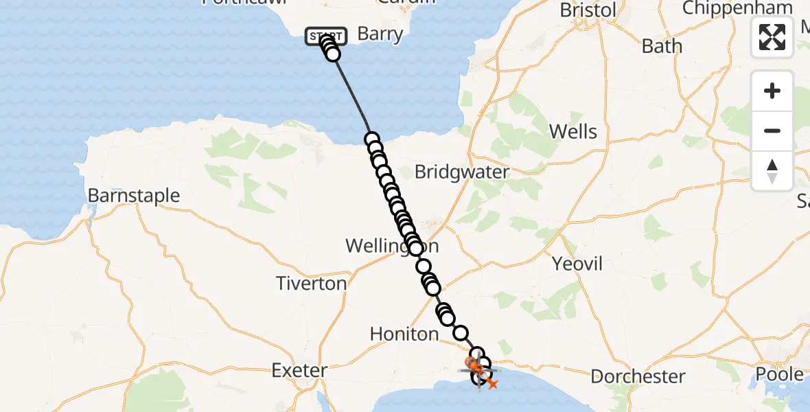 Flight path map showing Coastguard Helicopter route from MOD St Athan to Lyme Regis