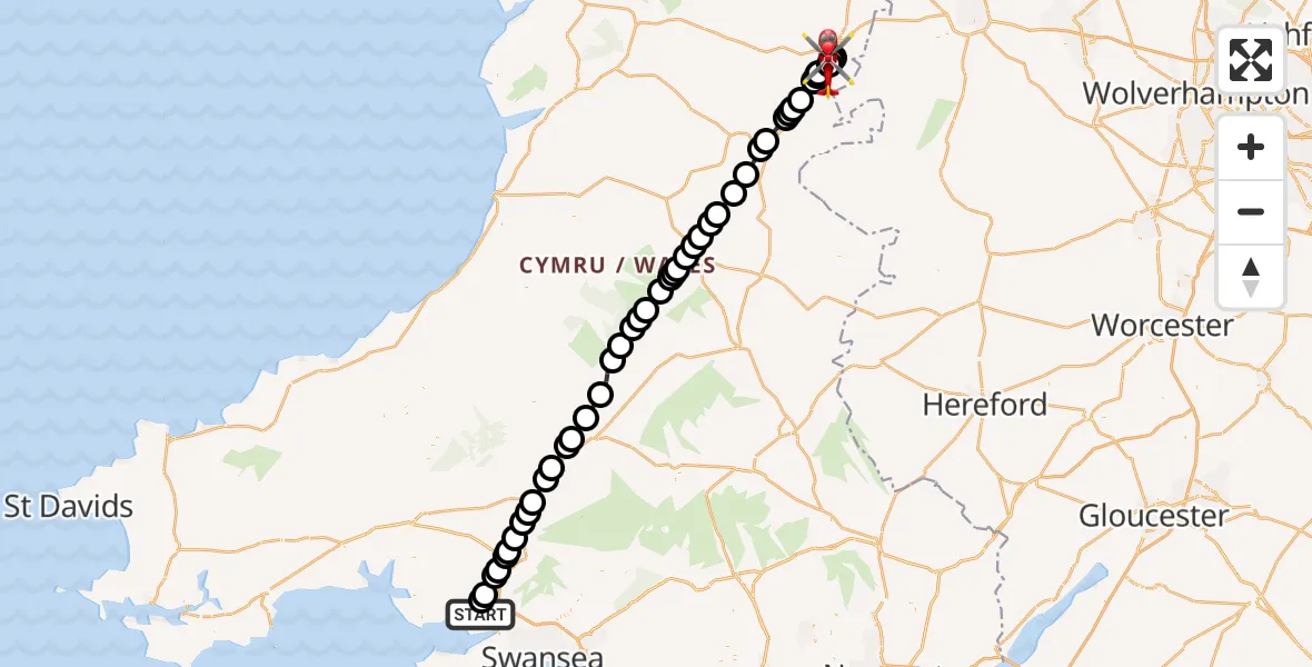 Flight path map showing Air Ambulance Helicopter route from Dafen to Welshpool Airport