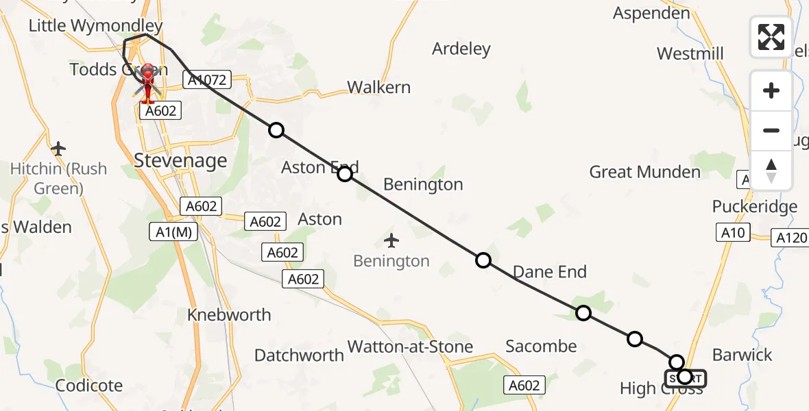 Flight path map showing Air Ambulance Helicopter route from Wadesmill to Stevenage