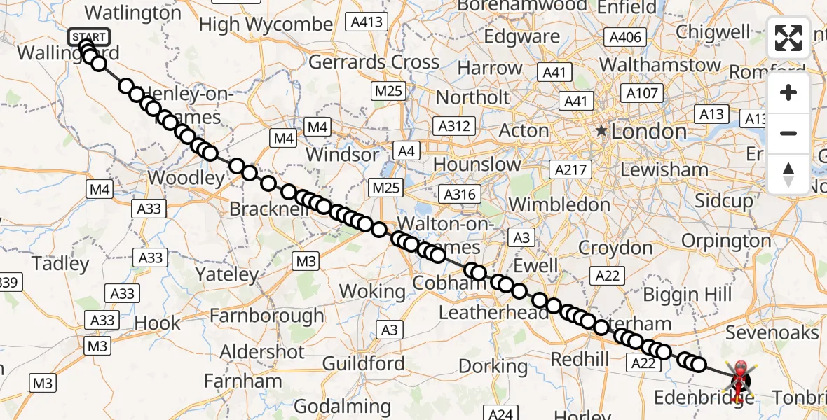 Flight path map showing Air Ambulance Helicopter route from RAF Benson to Sevenoaks