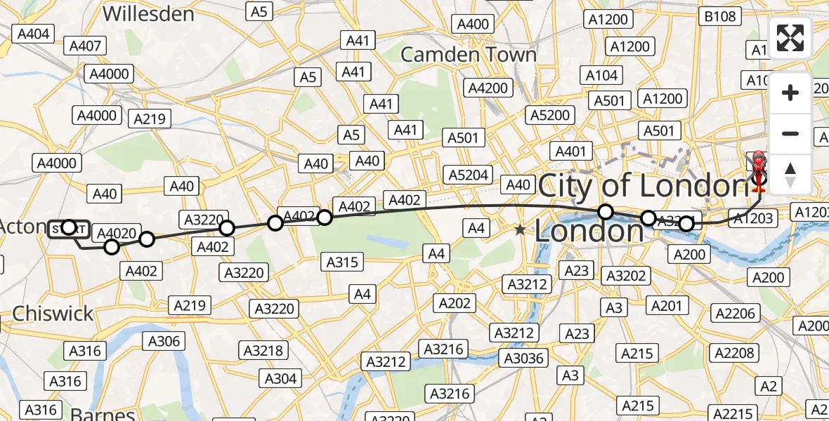 Flight path map showing Air Ambulance Helicopter route from Ealing to Royal London Hospital