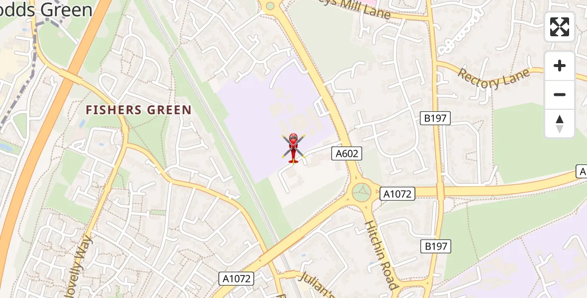 Flight path map showing Air Ambulance Helicopter route from Stevenage to Stevenage