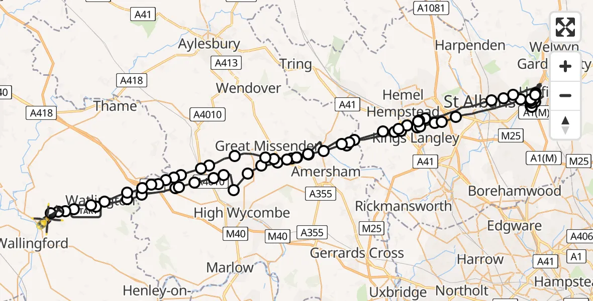 Flight path map showing Police Helicopter route from South Oxfordshire to Benson