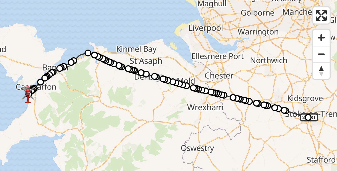 Flight path map showing Air Ambulance Helicopter route from University Hospital North Staffs to Caernarfon Airport