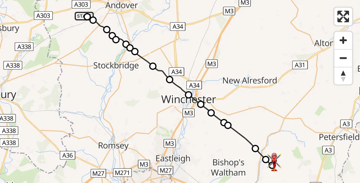 Flight path map showing Air Ambulance Helicopter route from Amport to Winchester