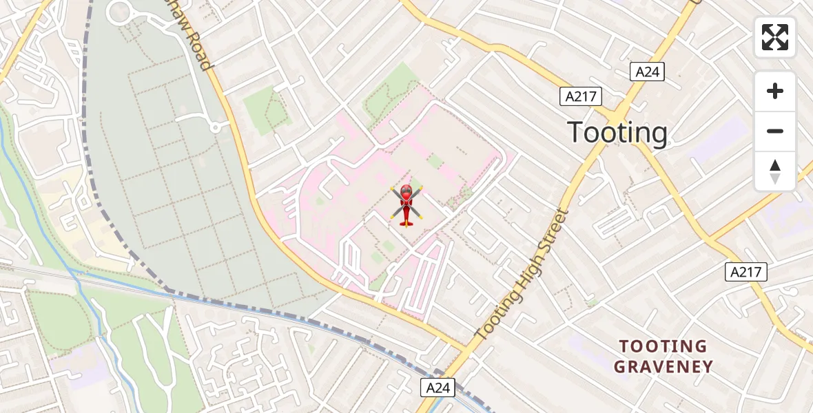 Flight path map showing Air Ambulance Helicopter route from St Georges Hospital to St Georges Hospital