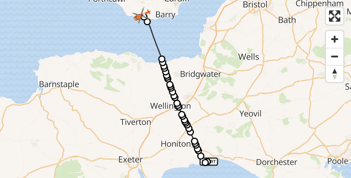 Flight path map showing Coastguard Helicopter route from Lyme Regis to MOD St Athan