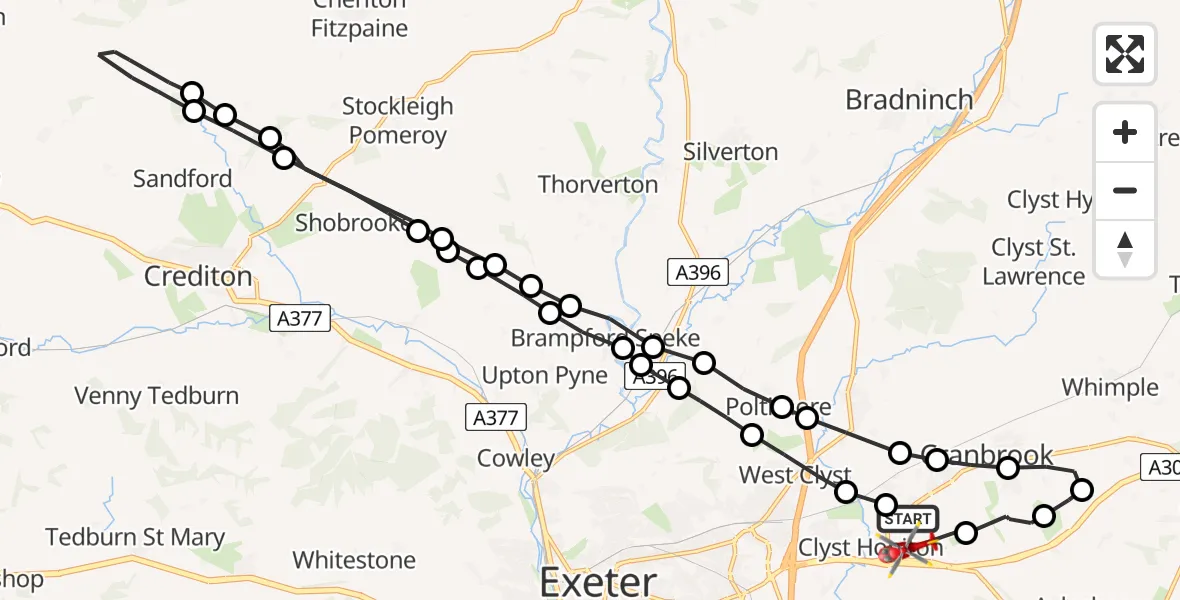 Flight path map showing Air Ambulance Helicopter route from Exeter International Airport to Exeter International Airport