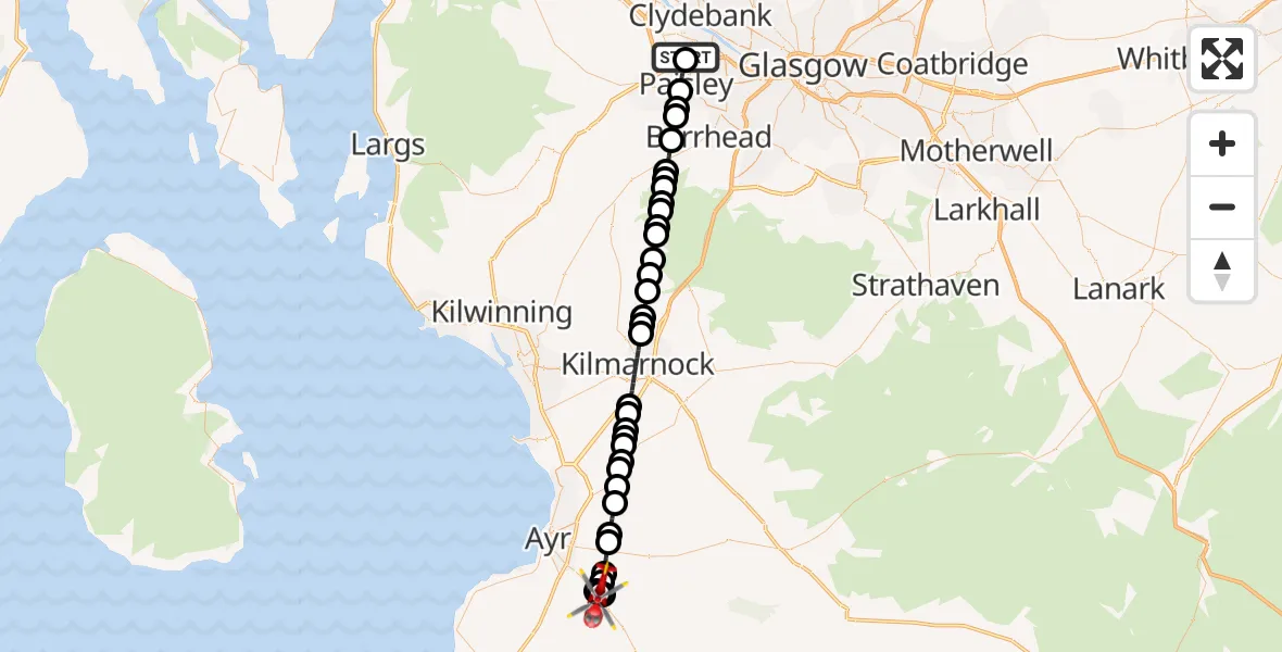 Flight path map showing Air Ambulance Helicopter route from Glasgow Airport to Hollybush
