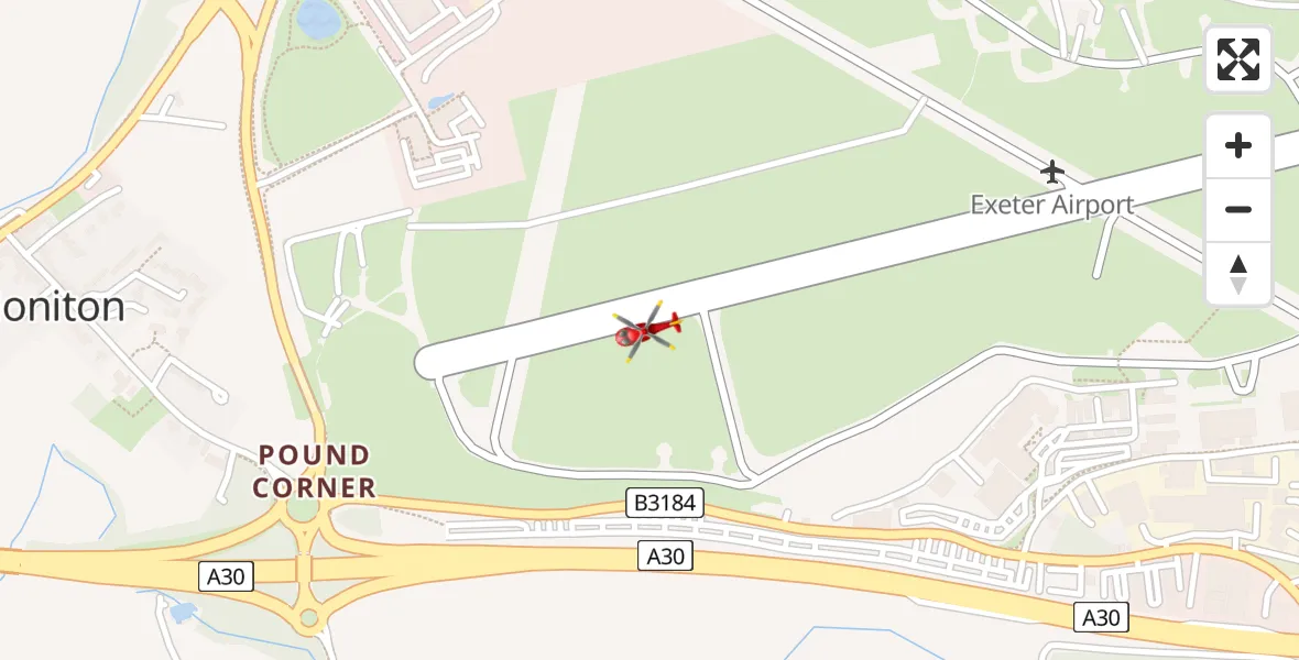 Flight path map showing Air Ambulance Helicopter route from Exeter International Airport to Exeter International Airport
