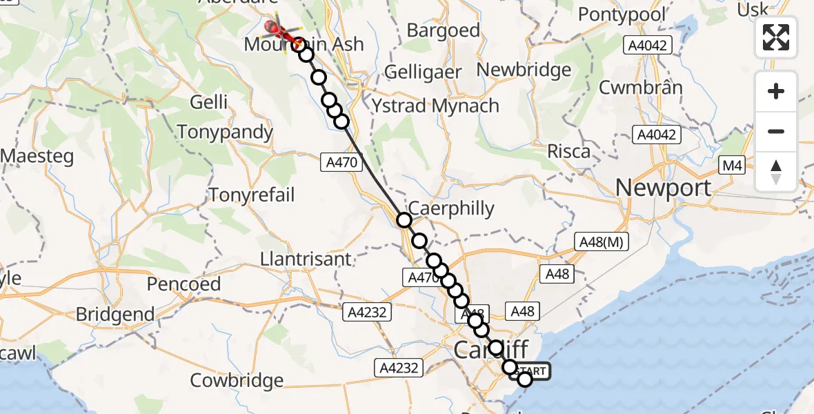 Flight path map showing Air Ambulance Helicopter route from Cardiff Heliport to Mountain Ash