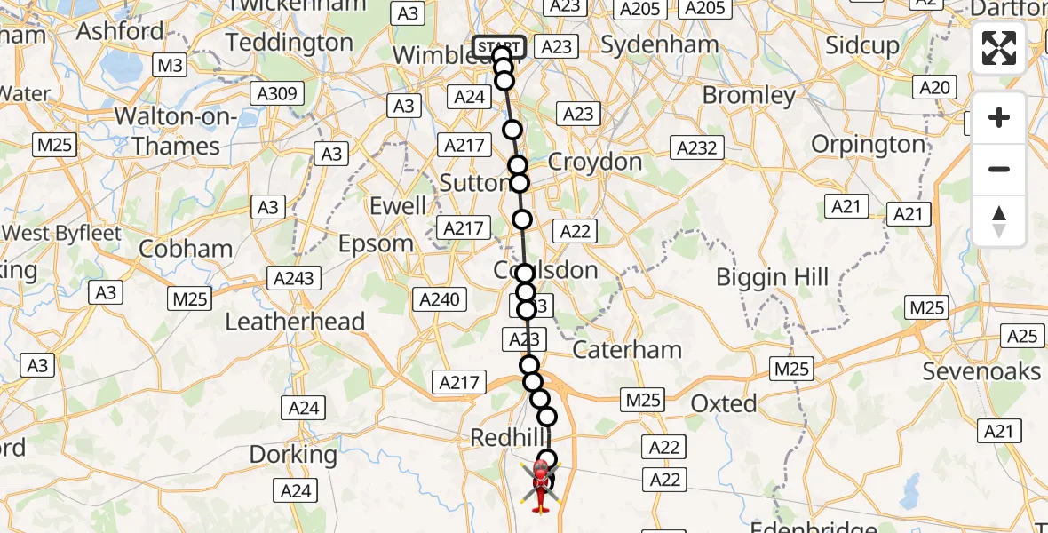 Flight path map showing Air Ambulance Helicopter route from St Georges Hospital to Redhill Aerodrome