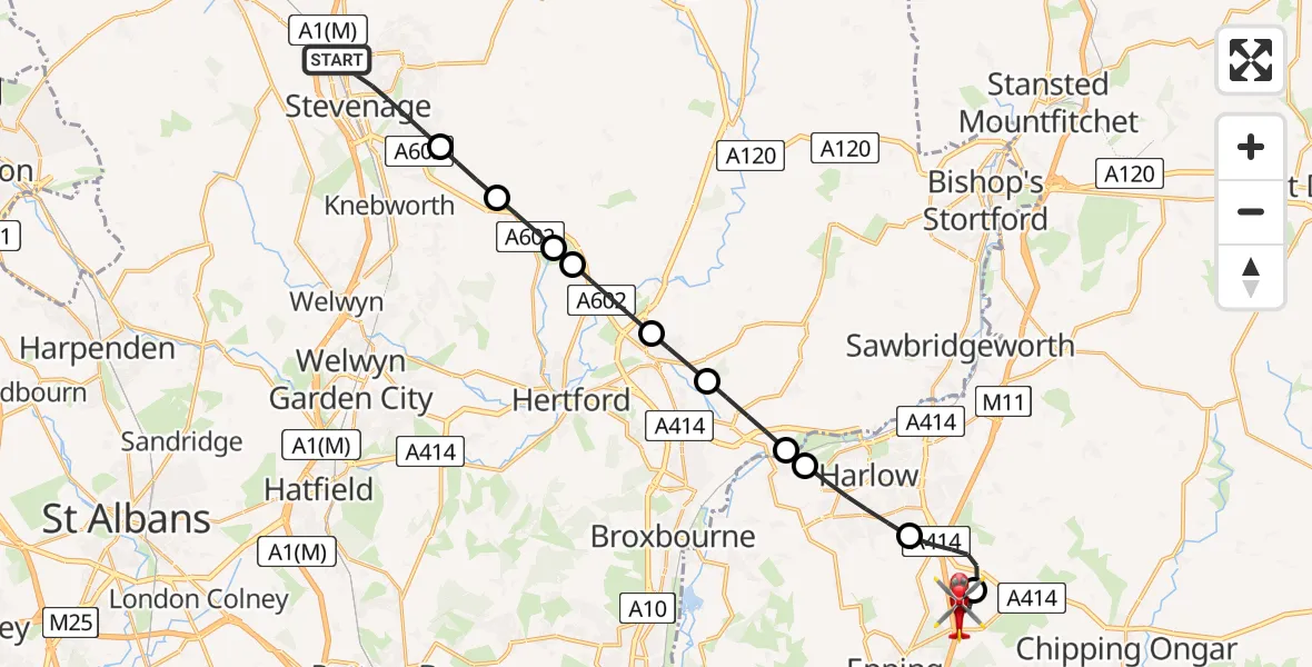 Flight path map showing Air Ambulance Helicopter route from Stevenage to North Weald Airfield