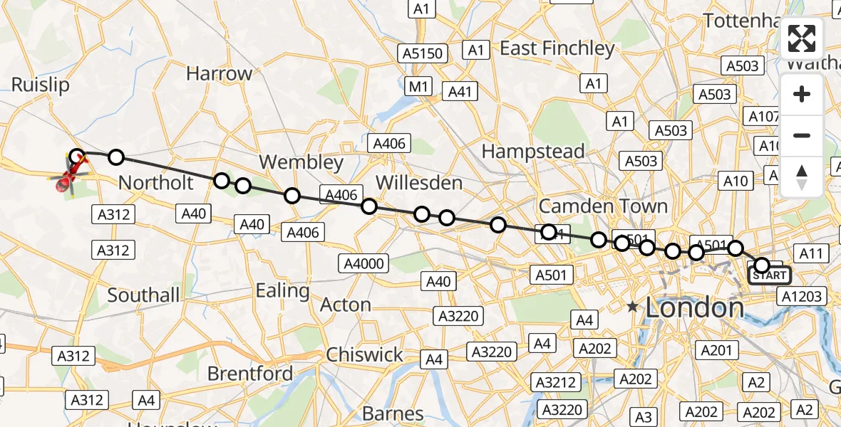 Flight path map showing Air Ambulance Helicopter route from Royal London Hospital to RAF Northolt