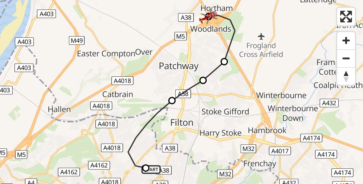 Flight path map showing Air Ambulance Helicopter route from Southmead Hospital to Almondsbury Helicopter Base