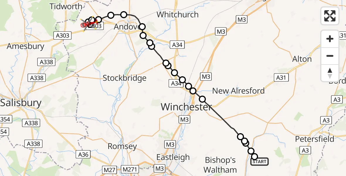Flight path map showing Air Ambulance Helicopter route from Winchester to Thruxton Aerodrome