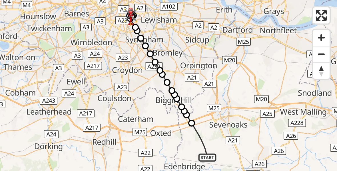 Flight path map showing Air Ambulance Helicopter route from Sevenoaks to Kings College London Hospital