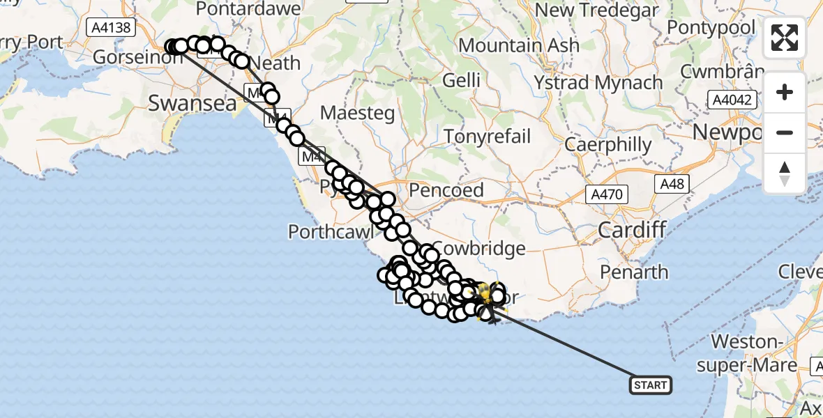 Flight path map showing Police Helicopter route from Bristol Channel to MOD St Athan