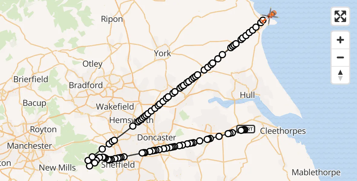 Flight path map showing Coastguard Helicopter route from Humberside Airport to Bempton