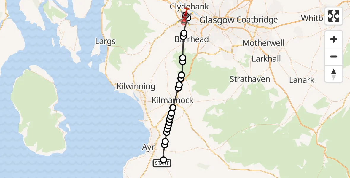 Flight path map showing Air Ambulance Helicopter route from Hollybush to Glasgow Airport