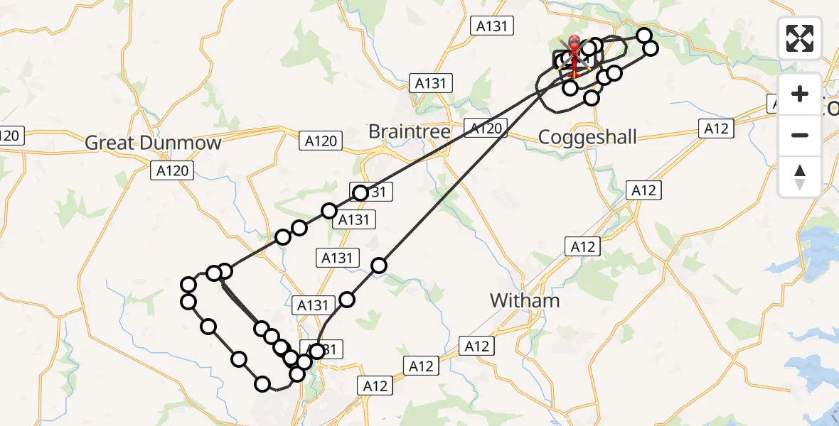 Flight path map showing Air Ambulance Helicopter route from Earls Colne Airfield to Earls Colne Airfield