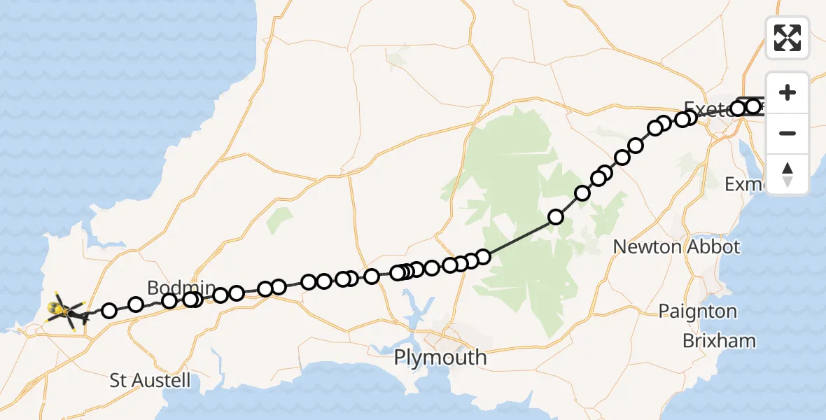 Flight path map showing Police Helicopter route from Exeter International Airport to Cornwall Airport Newquay