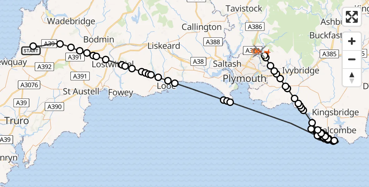 Flight path map showing Coastguard Helicopter route from Cornwall Airport Newquay to Bickleigh