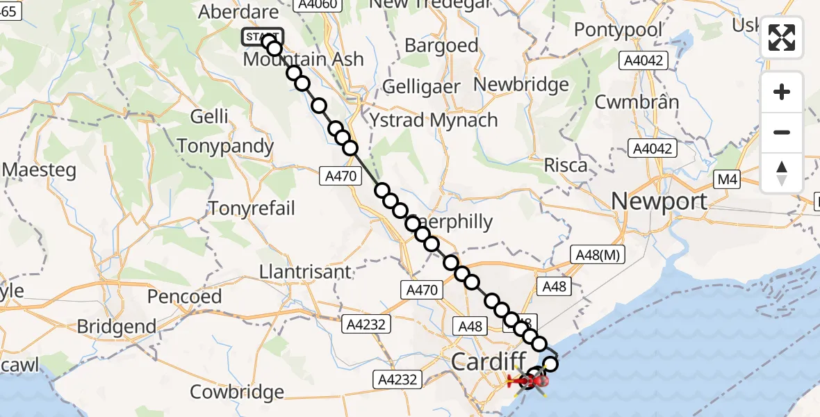 Flight path map showing Air Ambulance Helicopter route from Godreaman to Cardiff Heliport