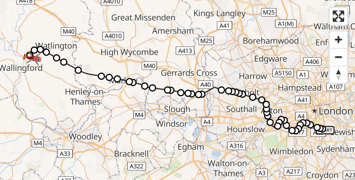 Flight path map showing Air Ambulance Helicopter route from Kings College London Hospital to RAF Benson