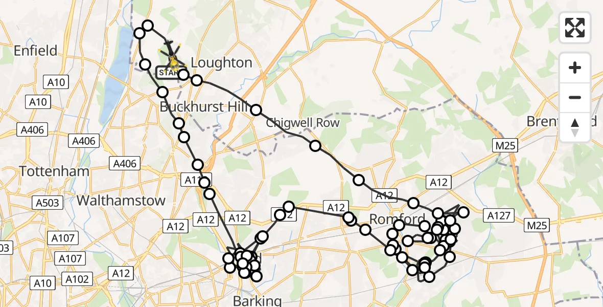 Flight path map showing Police Helicopter route from Waltham Abbey to Sewardstonebury