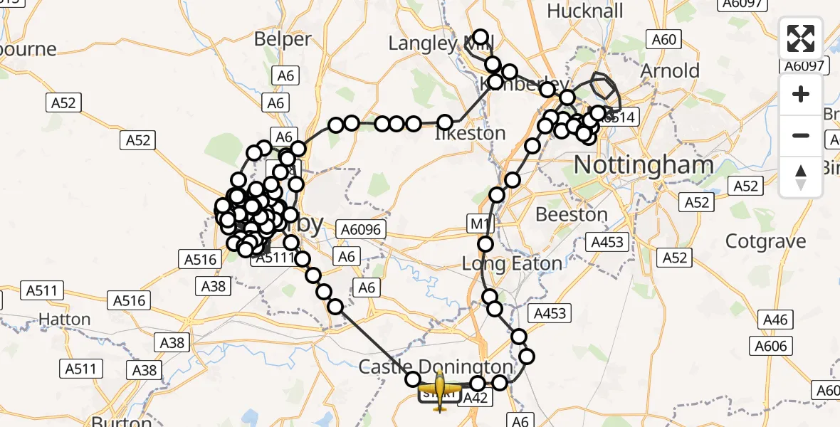 Flight path map showing Police Aircraft route from East Midlands Airport to East Midlands Airport