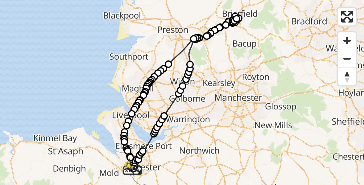 Flight path map showing Police Helicopter route from Hawarden Airport to Hawarden Airport