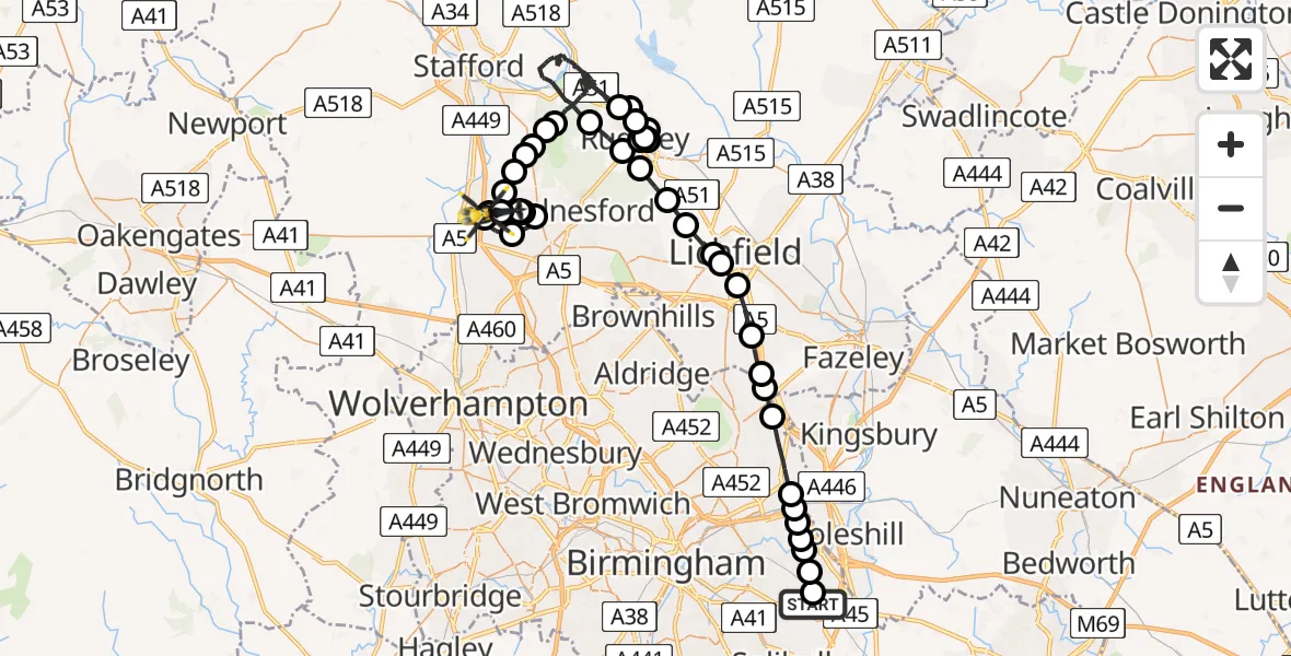Flight path map showing Police Helicopter route from Birmingham Airport to Otherton Airfield
