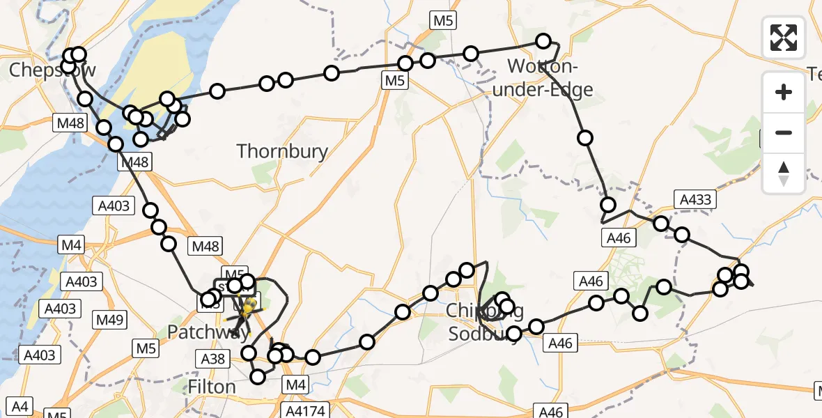 Flight path map showing Police Helicopter route from Almondsbury Helicopter Base to Bradley Stoke