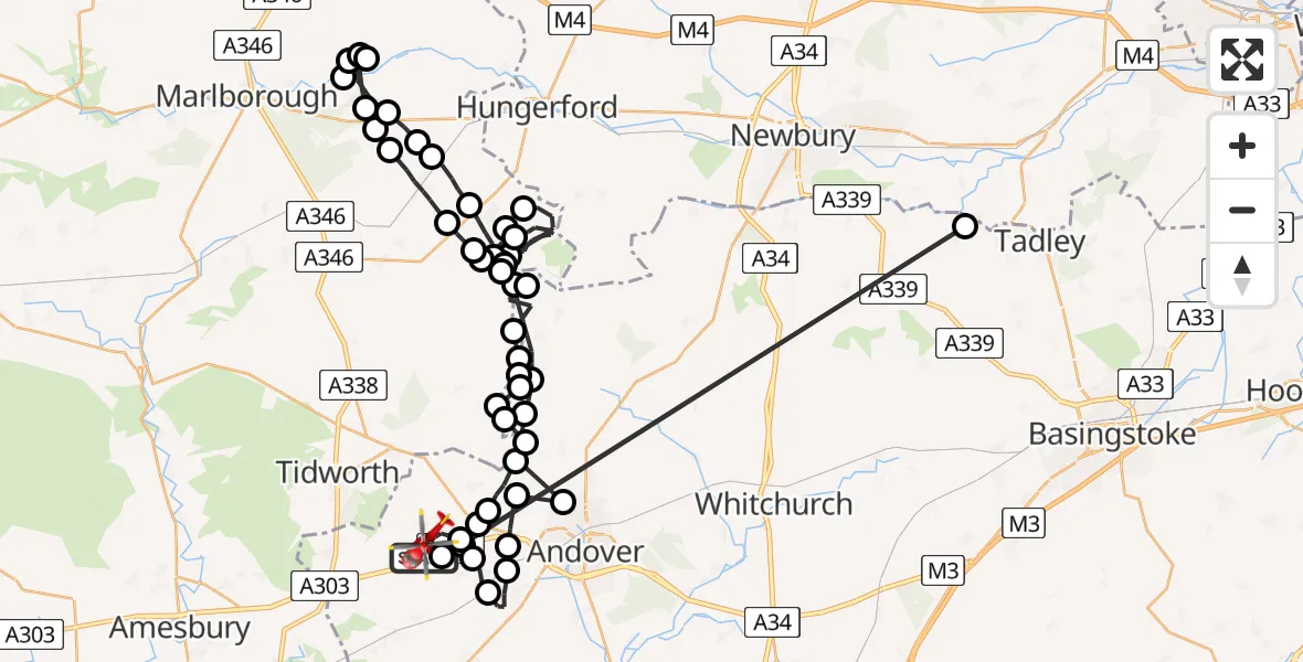 Flight path map showing Air Ambulance Helicopter route from Thruxton Aerodrome to Thruxton Aerodrome