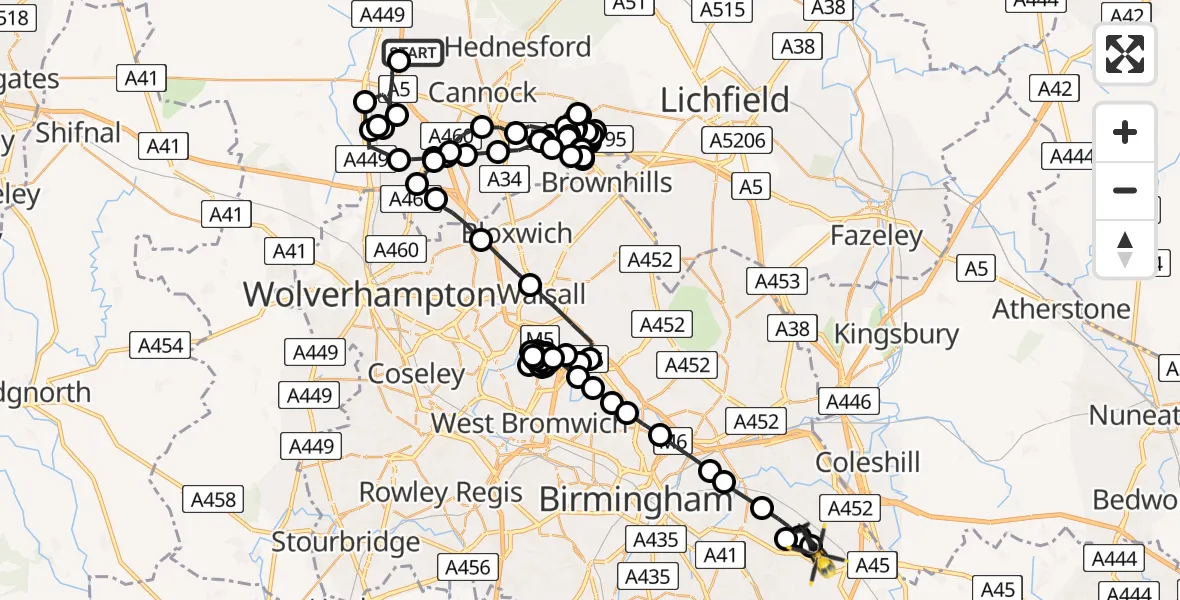 Flight path map showing Police Helicopter route from Otherton Airfield to Birmingham Airport