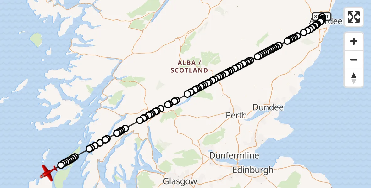 Flight path map showing Air Ambulance Aircraft route from Aberdeen International Airport to Inner Seas