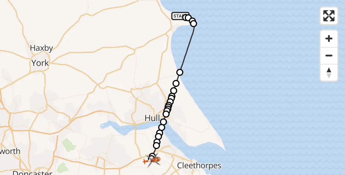 Flight path map showing Coastguard Helicopter route from Bempton to Humberside Airport