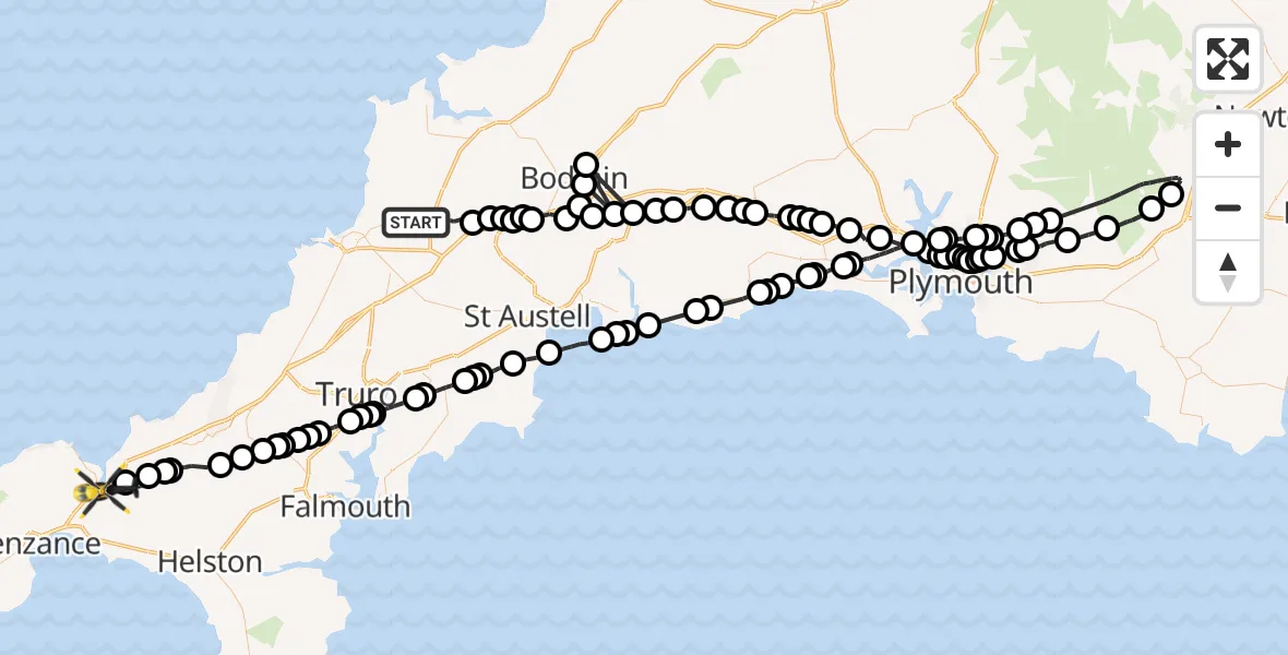 Flight path map showing Police Helicopter route from St. Columb Major to Lelant Saltings