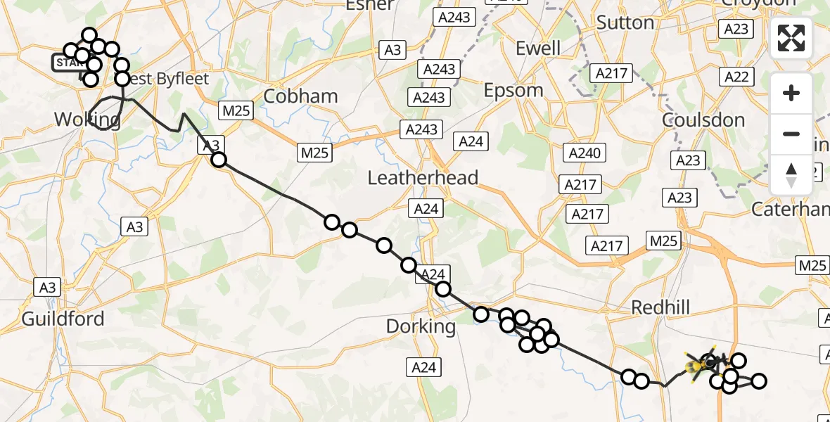Flight path map showing Police Helicopter route from Fairoaks Airport to South Nutfield