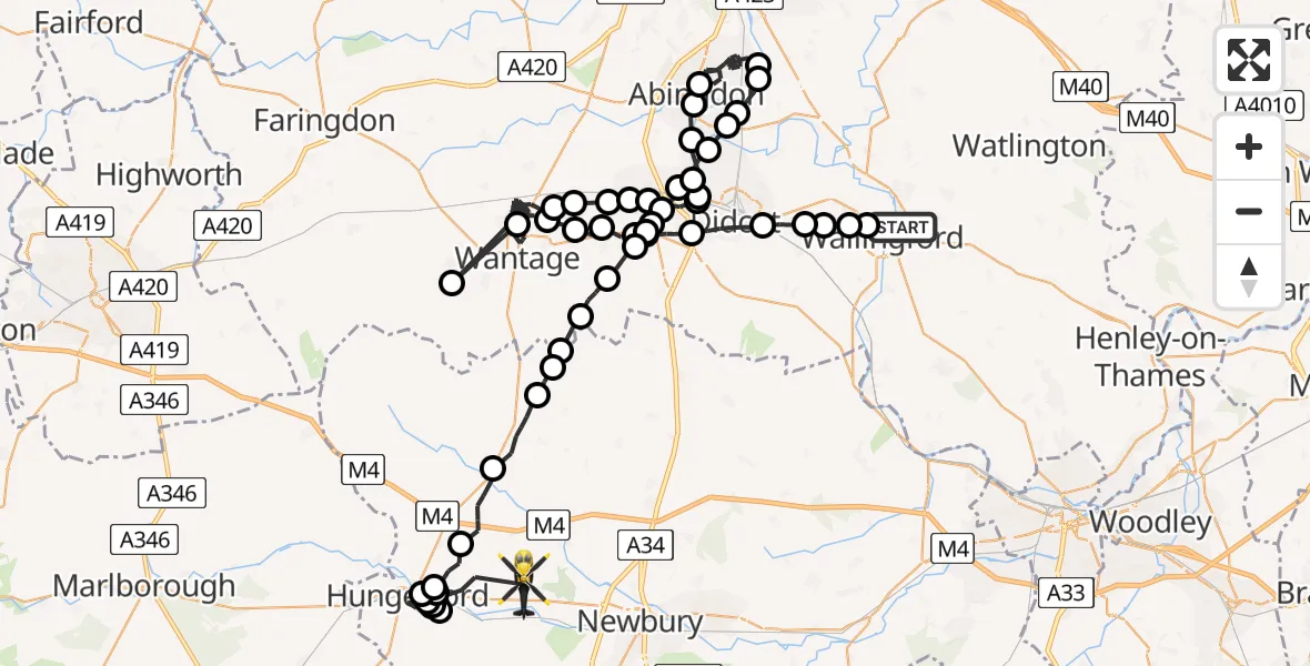 Flight path map showing Police Helicopter route from Crowmarsh Gifford to Hoe Benham