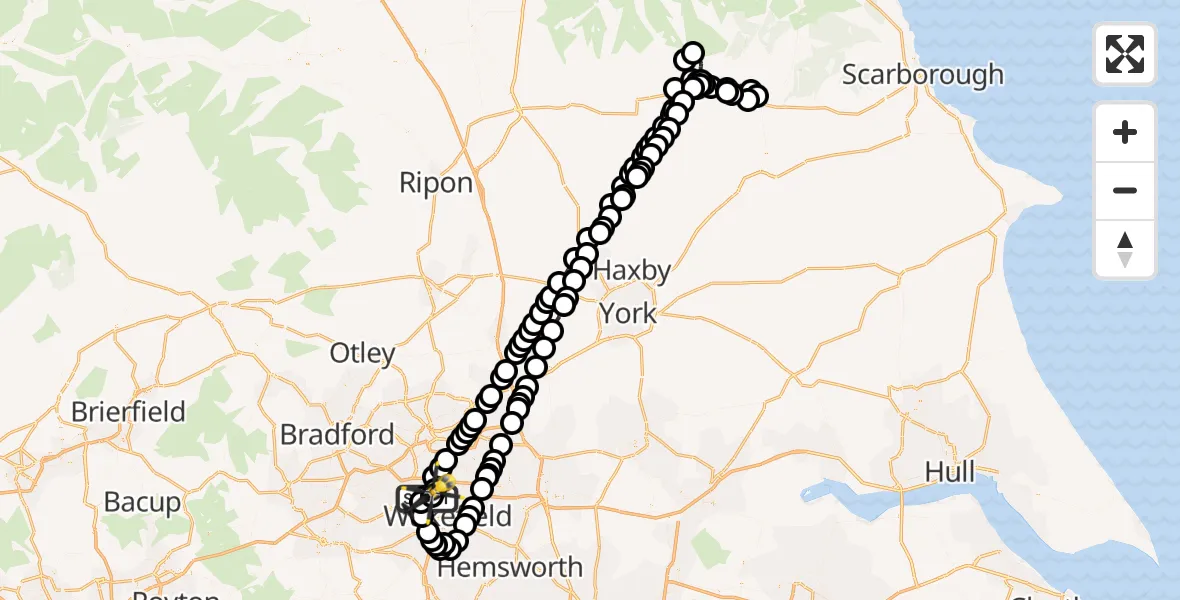 Flight path map showing Police Helicopter route from East Ardsley to Brandy Carr