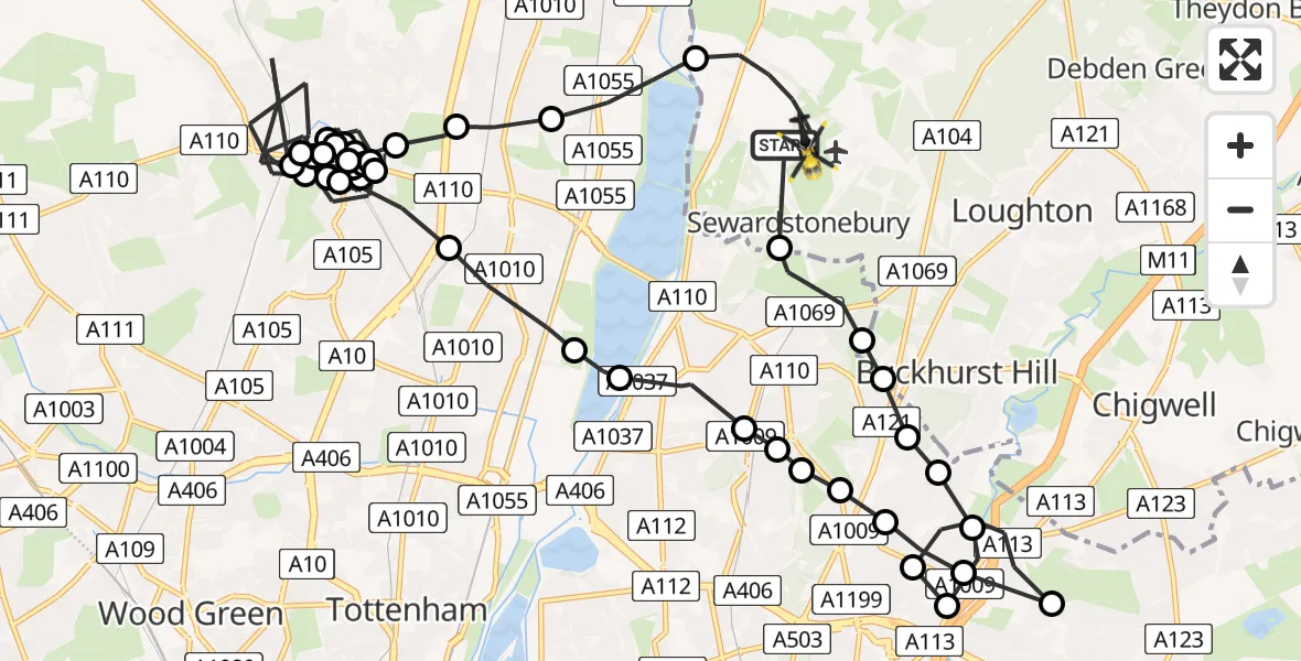 Flight path map showing Police Helicopter route from Sewardstonebury to Epping Forest