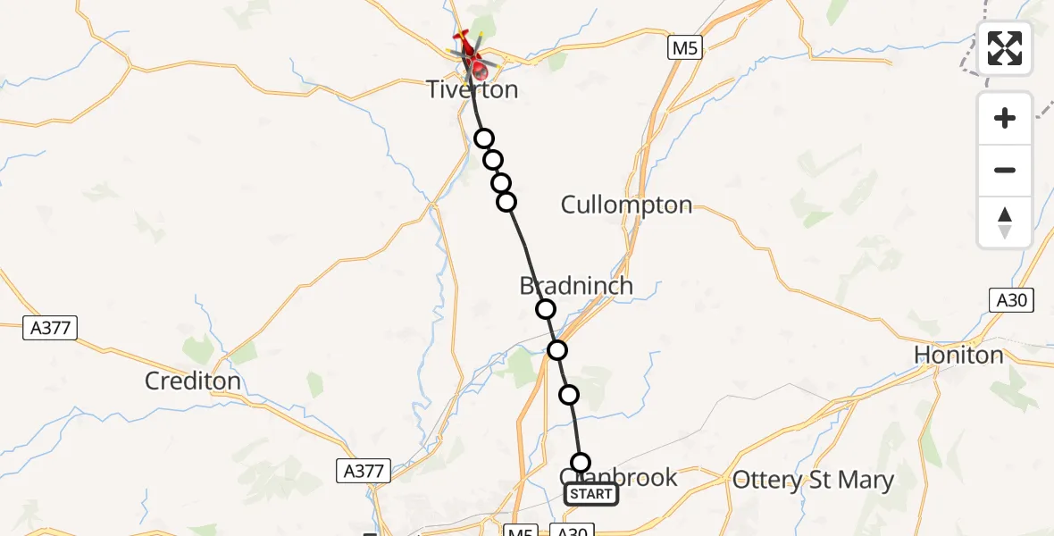 Flight path map showing Air Ambulance Helicopter route from Cranbrook to Tiverton