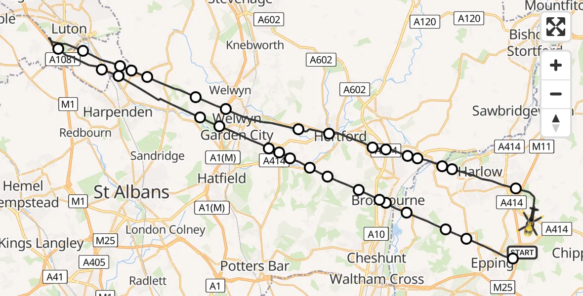 Flight path map showing Police Helicopter route from Coopersale to North Weald Airfield